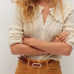 Mango Cream Shawl Collar Button Down Cardigan Sweater Pointelle Knit Size Medium